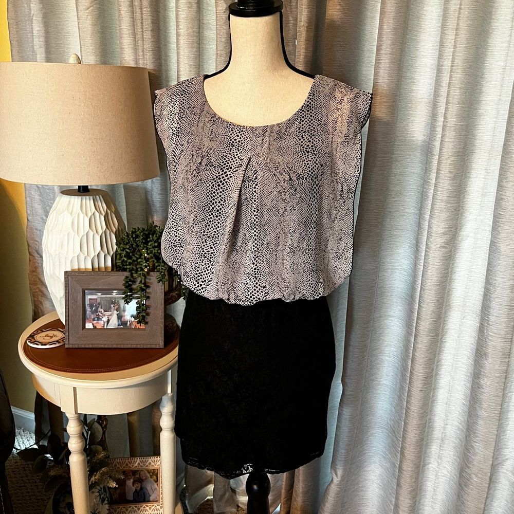 Speechless Dress upper animal print lower lace overlay black & white small S